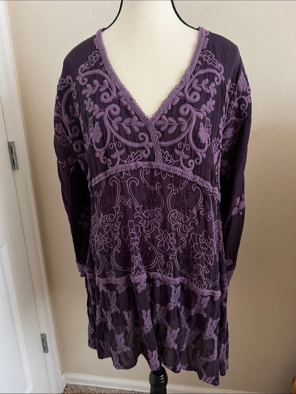 Johnny Was Purple Floral Embroidered V-Neck Tunic